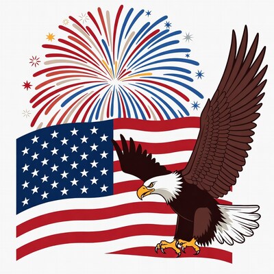 Bald Eagle on American Flag with Fireworks