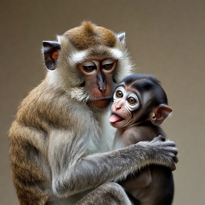Mother macaque hugging baby monkey