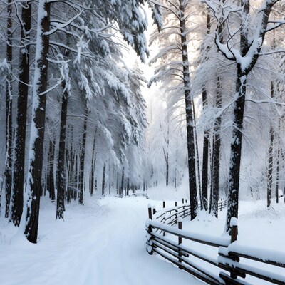 Snowy Path Through Forest with Fence