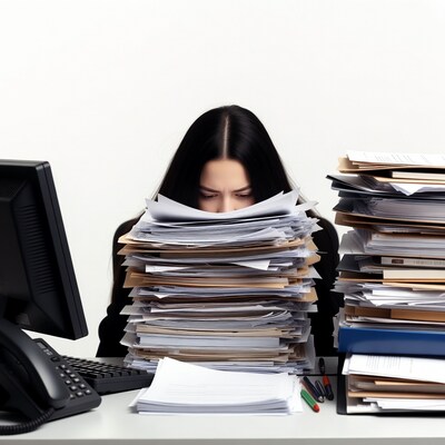 Asian woman buried in office paperwork