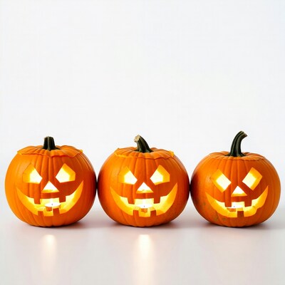Three Lit Jack-o-Lanterns on White Background
