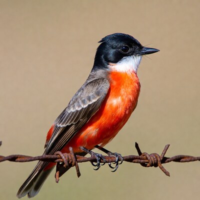Vermilion Flycatcher perched on barbed wire
