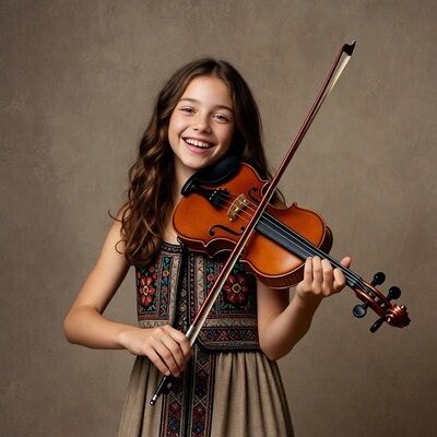 Girl holding violin smiling