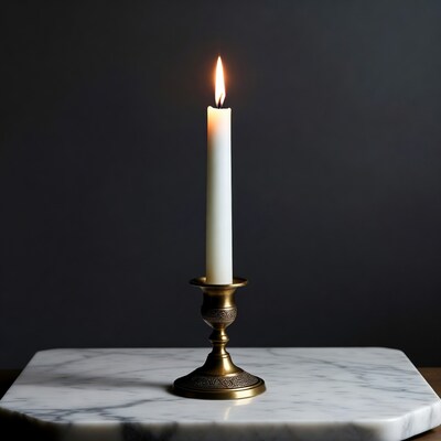 Lit white candle on brass candlestick