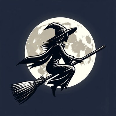 Witch flying broomstick silhouette moon