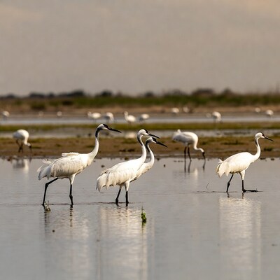 Group of white herons in wetland