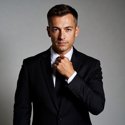 Man adjusting black tie suit