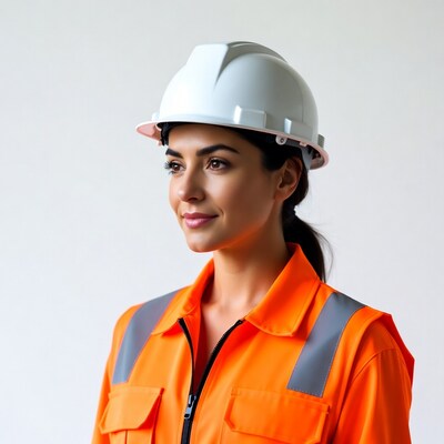 Woman in orange hi-vis vest and hard hat