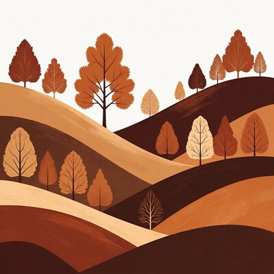 Autumn Trees on Layered Hills Illustration