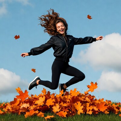 Woman jumping in autumn leaves