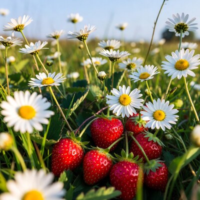 Strawberries Among White Daisies in Grass