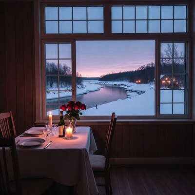 Romantic dinner table by snowy river sunset