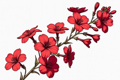 Red Geranium Flowers Branch Illustration