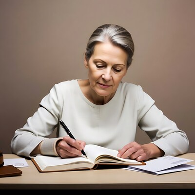 Elderly woman writing in notebook