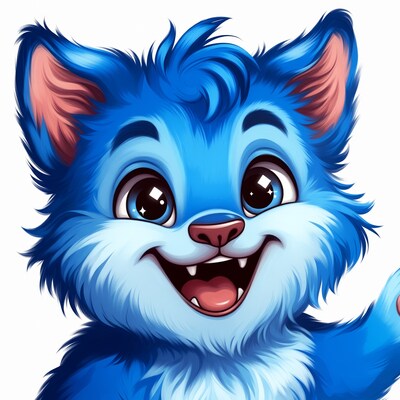 Cute blue cartoon kitten waving