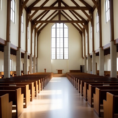 Empty Wooden Church Interior with Pews