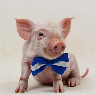Piglet wearing blue bow tie