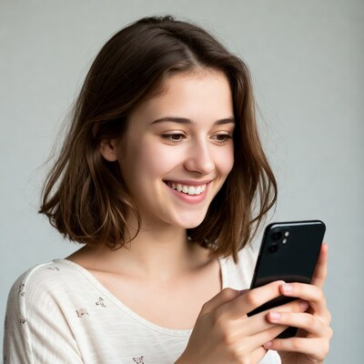Smiling woman using smartphone