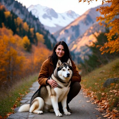 Woman with Husky in autumn mountains