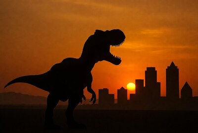 T-Rex Silhouette at Sunset Cityscape