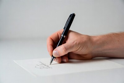 Man's hand signing document with pen