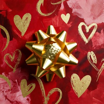 Golden Bow on Red Heart Background