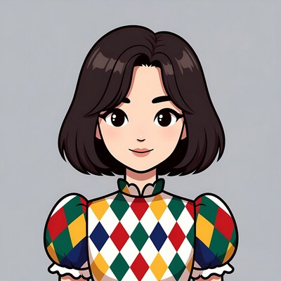 Asian girl in harlequin dress illustration