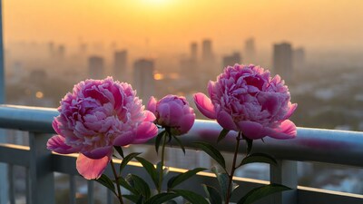 Pink peonies on balcony at sunset