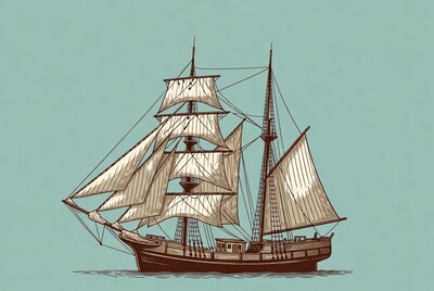 Sailing Ship Illustration on Blue Background