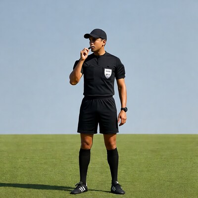 Asian male soccer referee blowing whistle