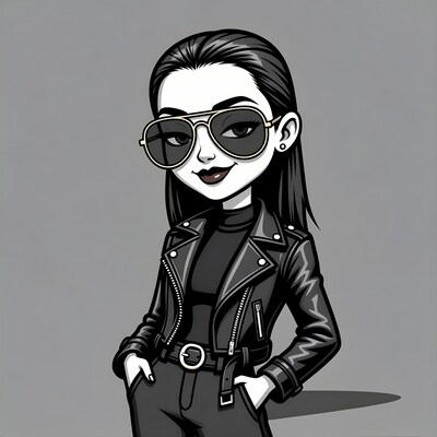 Cartoon woman in leather jacket and sunglasses