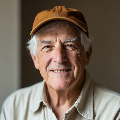 Elderly man smiling in brown cap