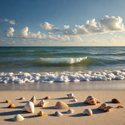 Seashells on beach with ocean waves