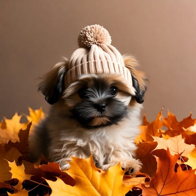 Shih Tzu puppy in knit hat on autumn leaves