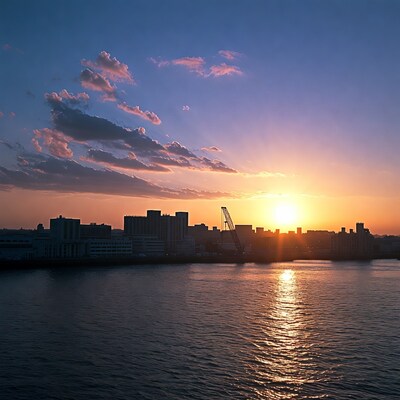 City skyline sunset over river