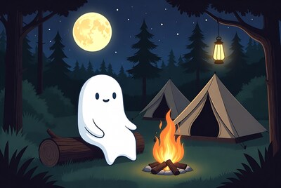 Cute ghost sitting by campfire
