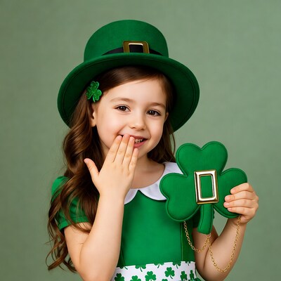 Girl in green leprechaun hat holding shamrock purse