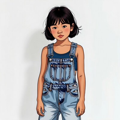 Asian girl in blue overalls