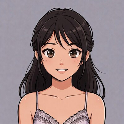 Anime girl smiling in lace bra