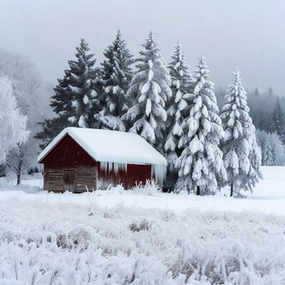 Red Barn Snowy Pine Trees