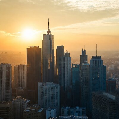 City skyline at sunset
