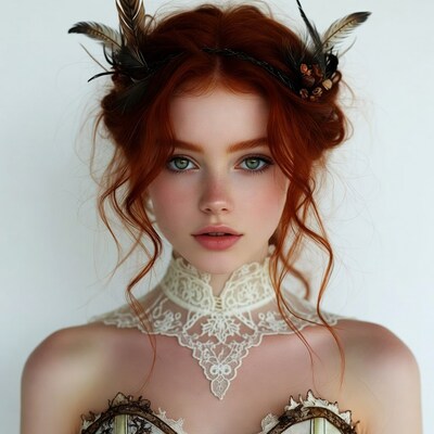 Redhead woman with feathers and lace corset