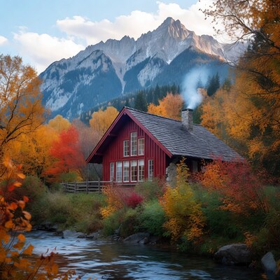 Red Cabin by River in Autumn Mountains