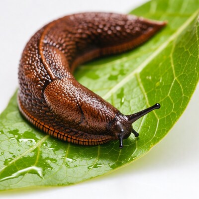 Brown slug on green leaf