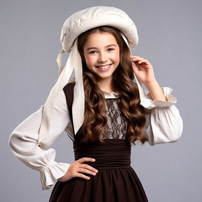 Girl in white bonnet and brown dress
