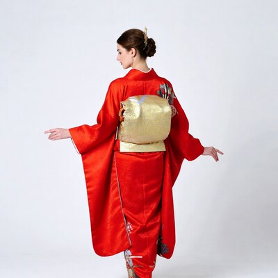 Woman in red kimono from behind