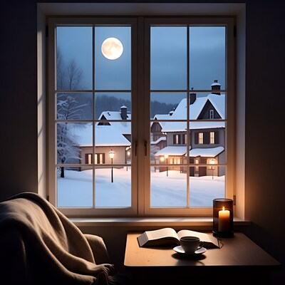 Winter village view from window at night