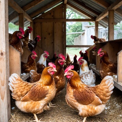 Chickens in wooden coop