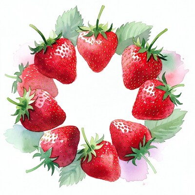 Strawberries in Circle Watercolor Illustration
