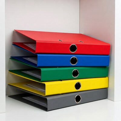 Colorful binders stacked in shelf